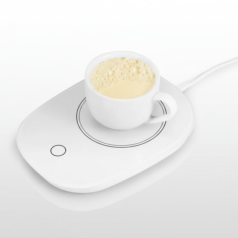 White mug warmer with a cup of coffee on a white background.