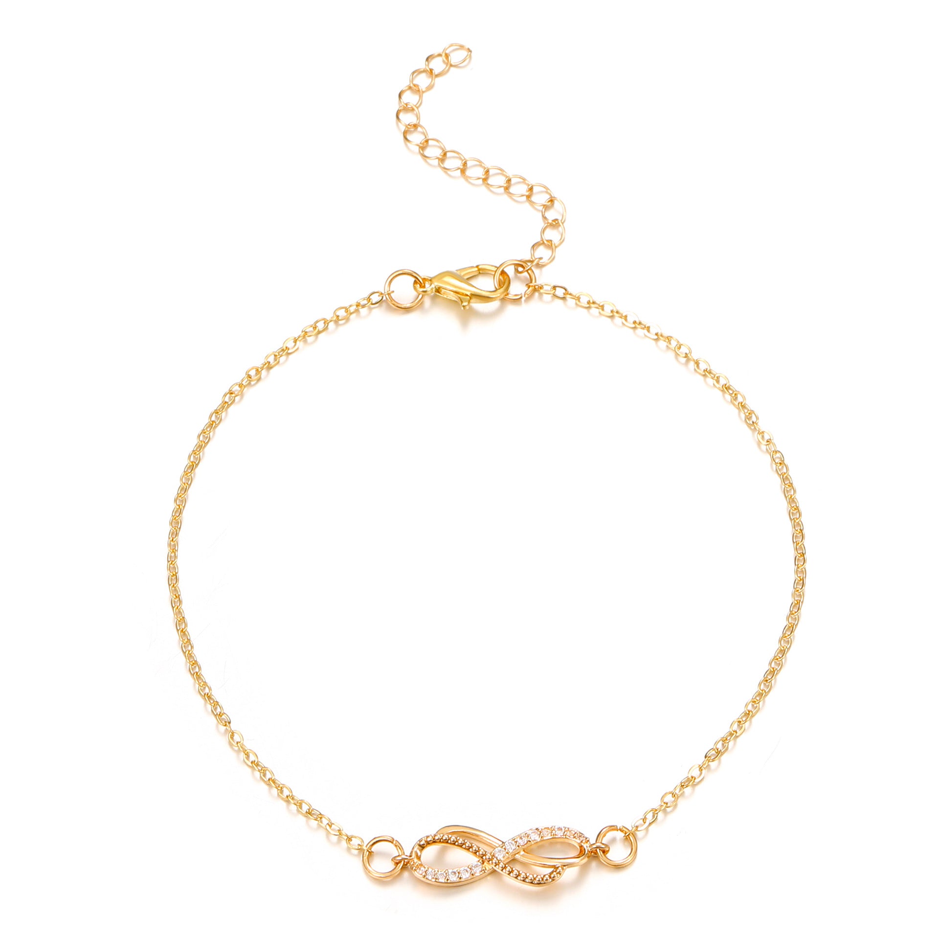 Gold bracelet with an infinity symbol on a white background