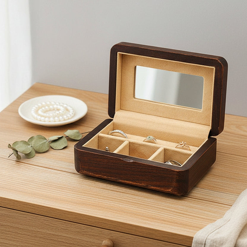 Wooden jewelry box with rings on a wooden surface