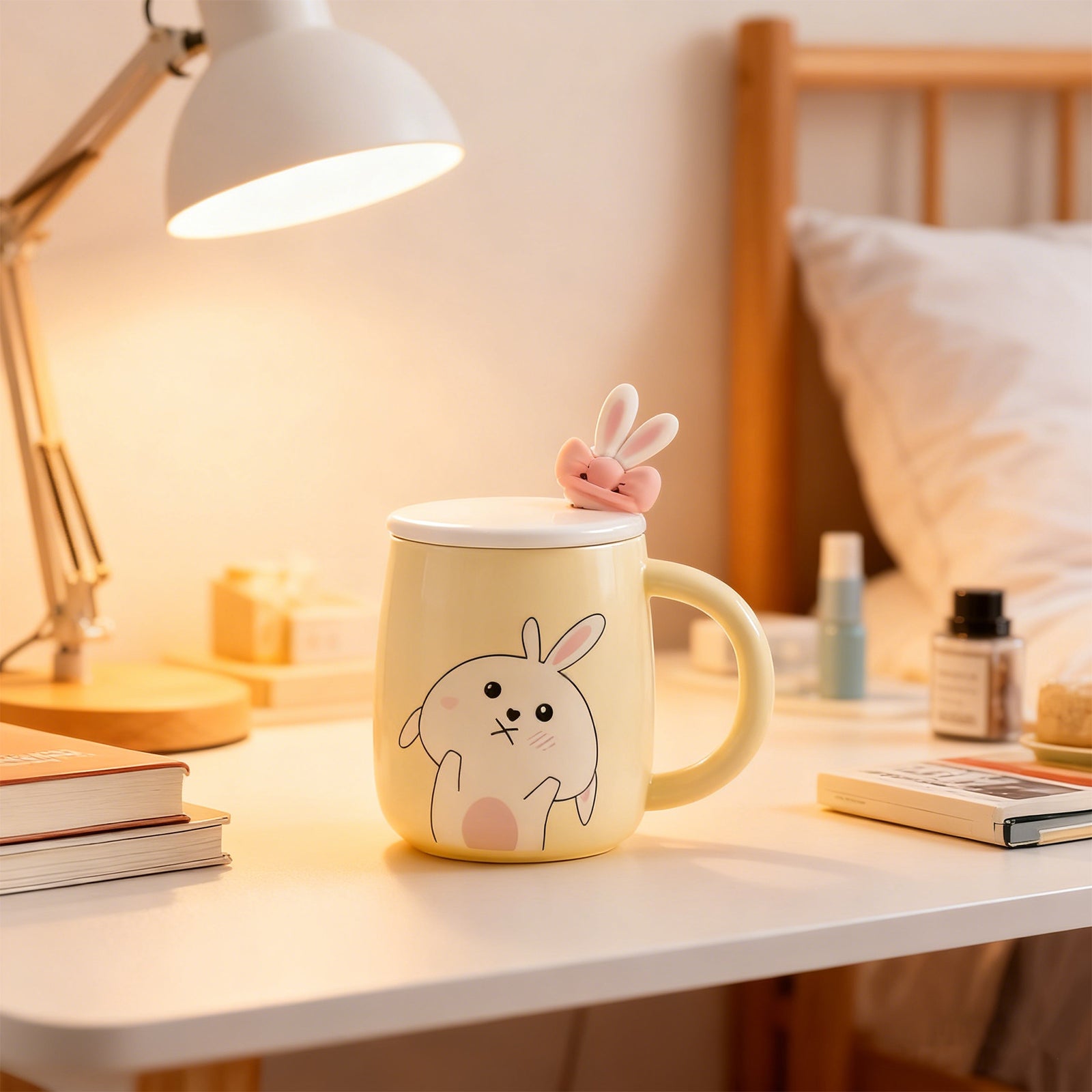 Yellow mug with a rabbit design on a desk next to a lamp and books