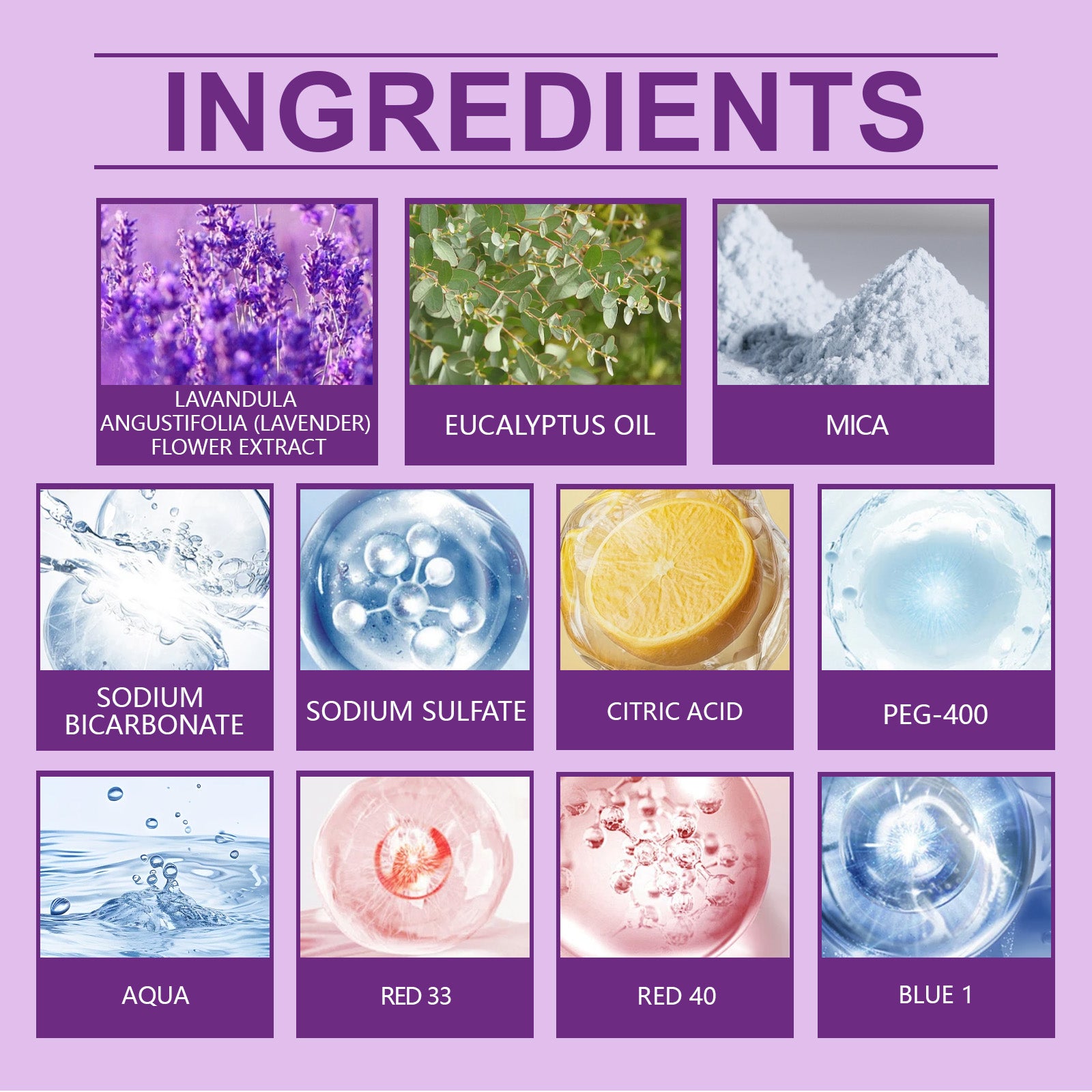 List of ingredients with corresponding images and names on a purple background