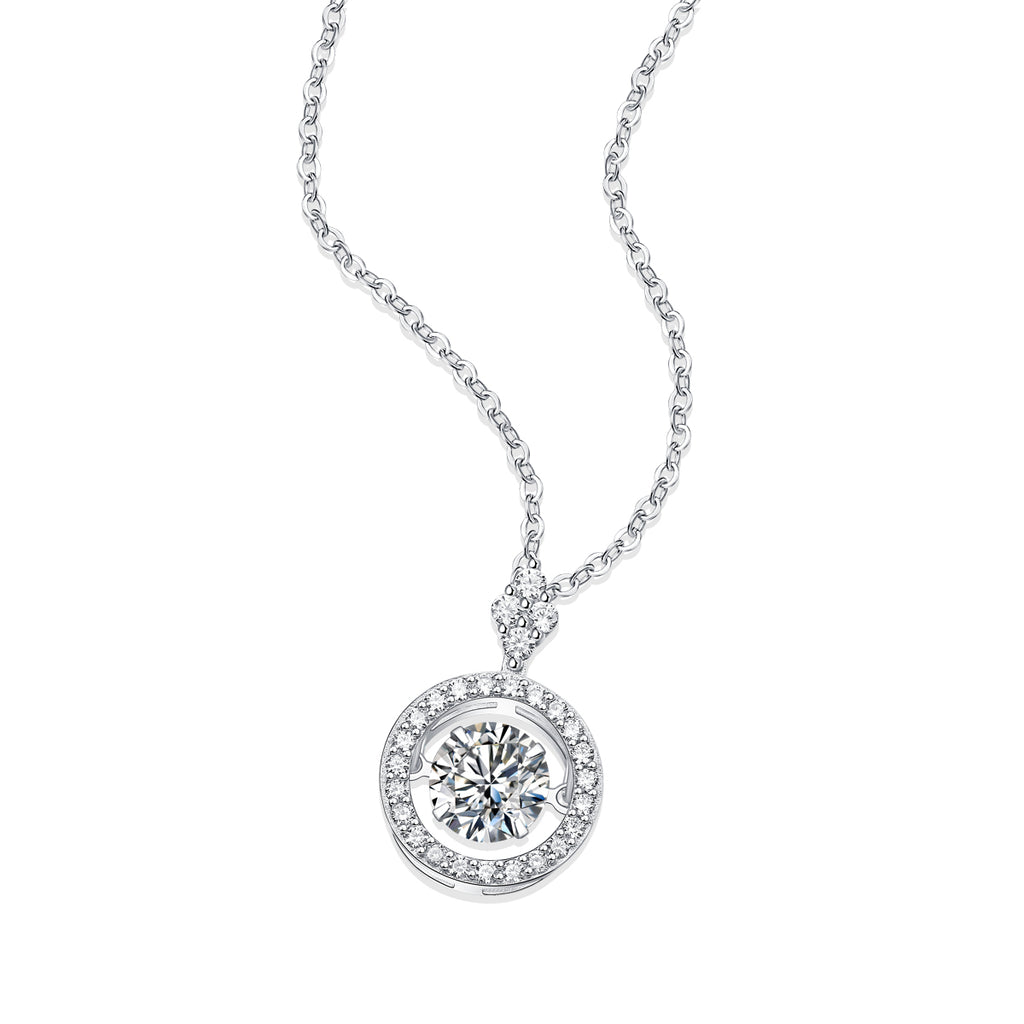 Diamond necklace with a round pendant on a white background