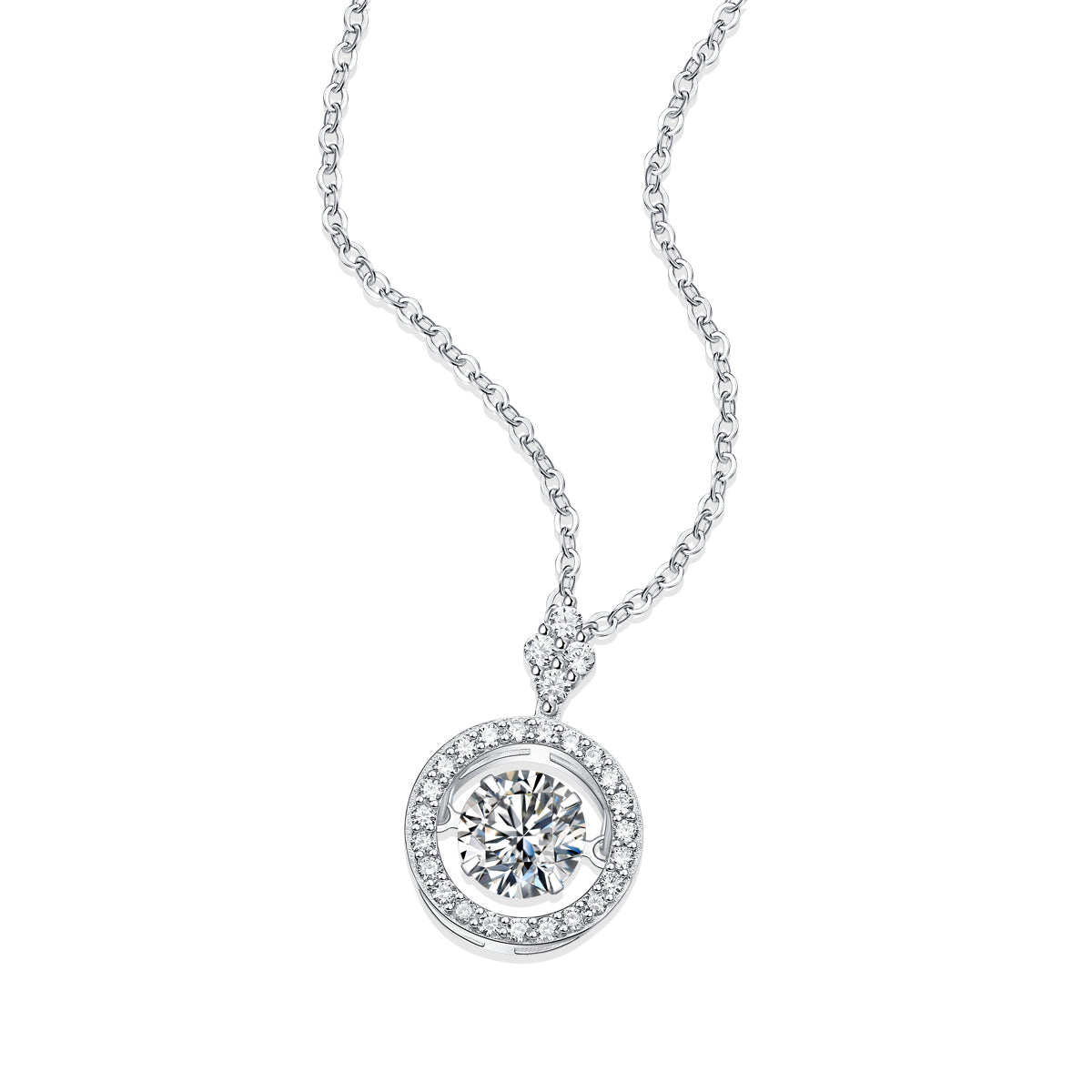 Diamond necklace with a round pendant on a white background