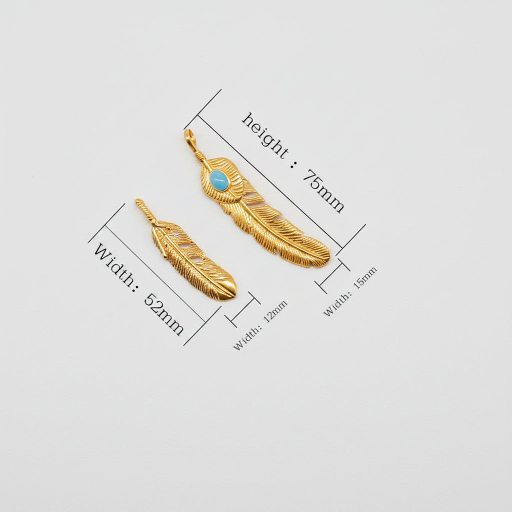 Gold feather-shaped pendant with measurements on a white background