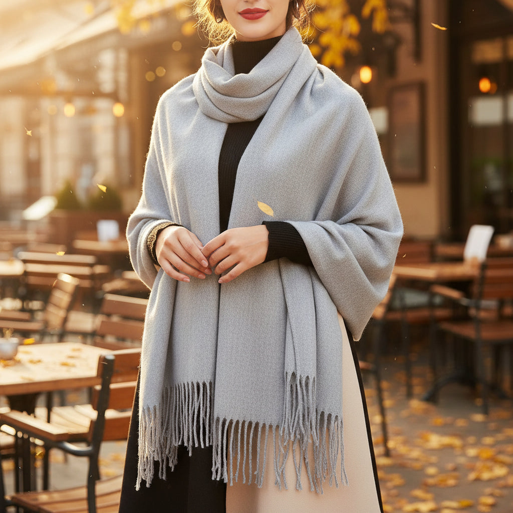 Gray scarf displayed in various ways on models with text about size and uses.