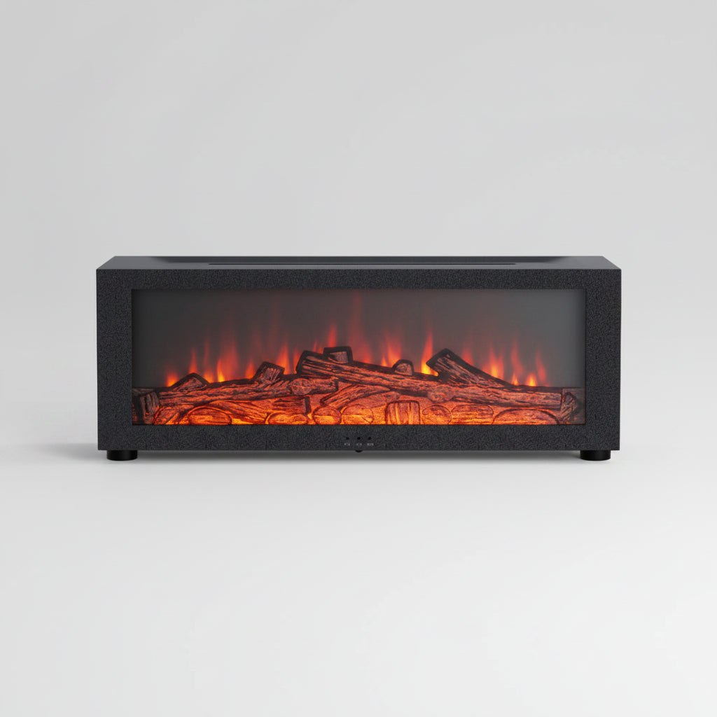 Rectangular black fireplace insert with logs on a white background
