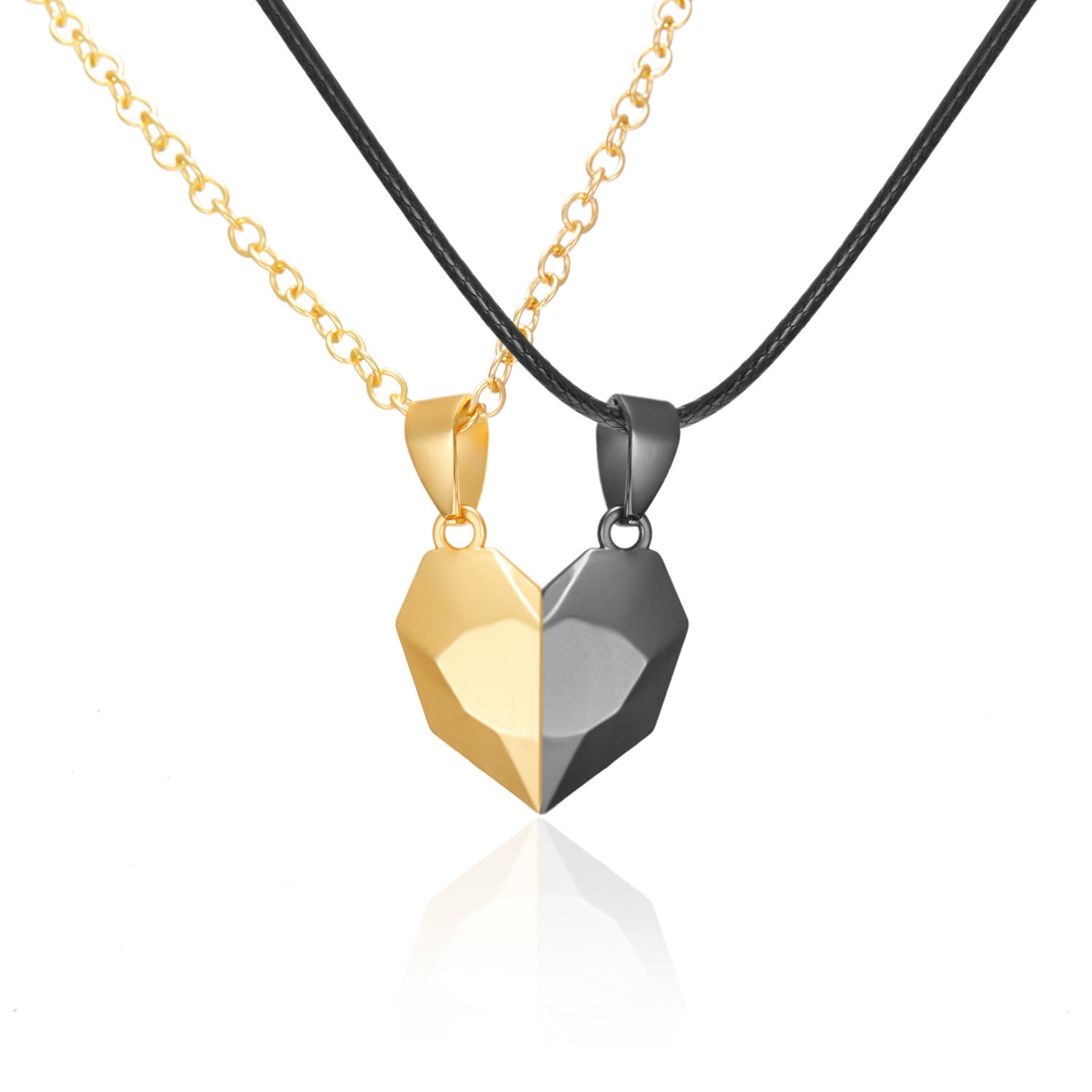 Two-tone geometric pendant necklace on a white background
