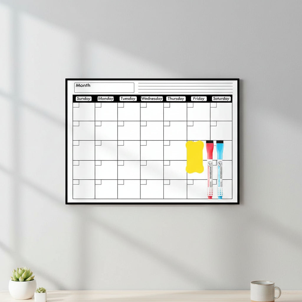 Dry erase calendar with markers on a white background