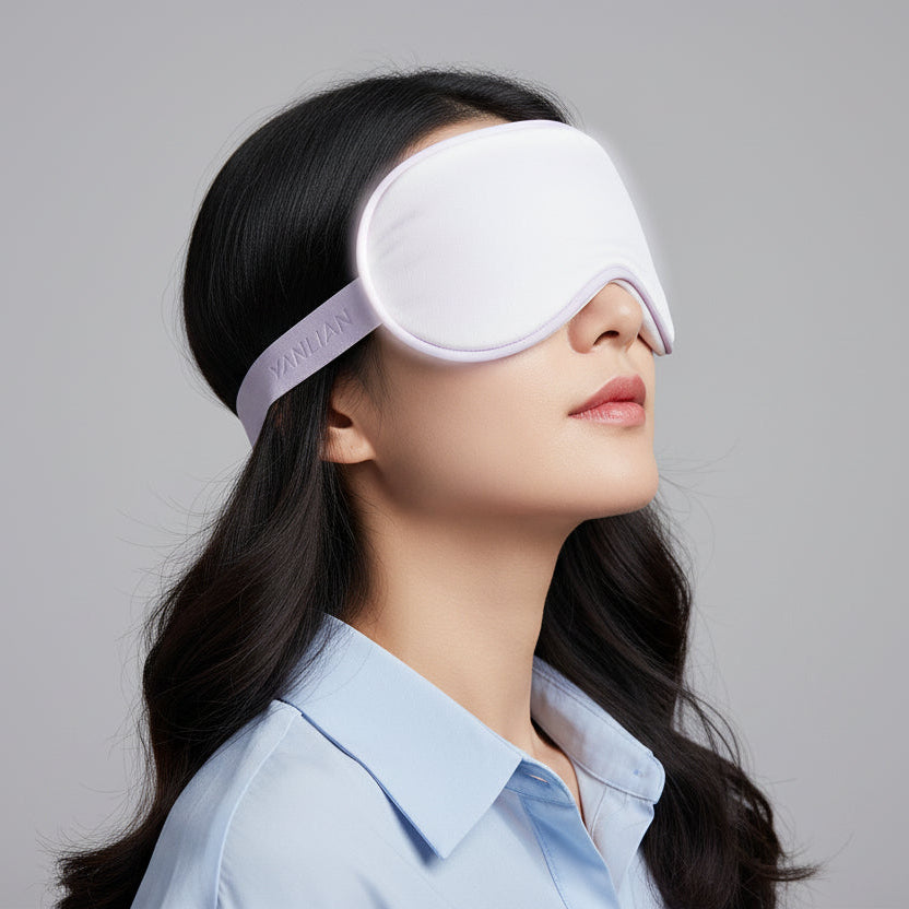 Person wearing a light purple sleep mask with text highlighting features on a plain background