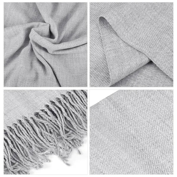 Collage of a gray blanket with different views including texture, fringe, and folded edges.