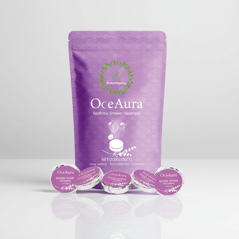 OceAura bedtime shower steamers packaging on a white background