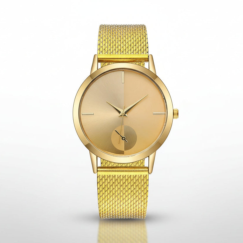 Gold watch with mesh band on a white background