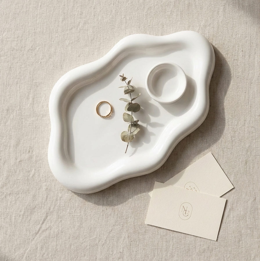 White ceramic dish with a ring and dried plant on a beige surface