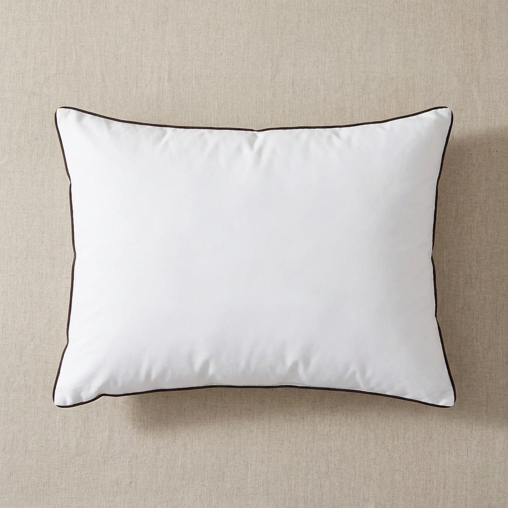 White pillow with a black border on a beige background