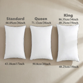 Three white pillows labeled 'Standard', 'Queen', and 'King' with measurements on a beige background.