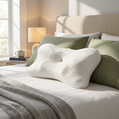 White contour pillow on a bed with green pillows and a lamp in the background