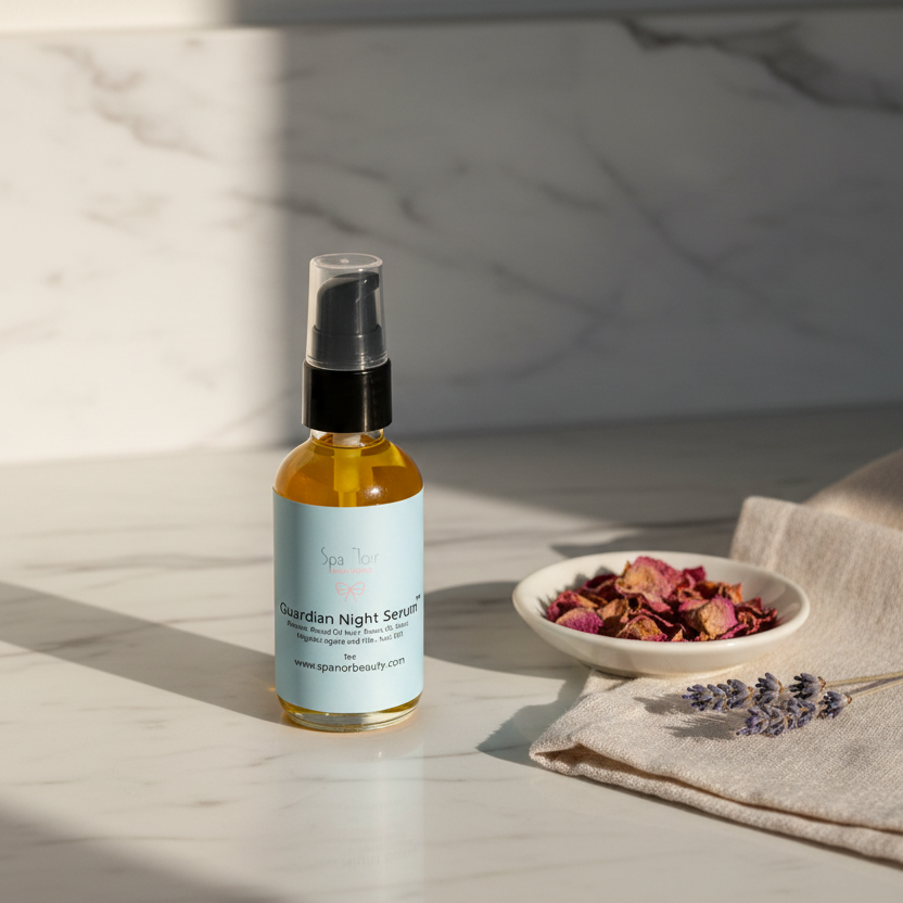 Bottle of 'Guardian Night Serum' on a marble surface with a bowl of dried flowers and a towel.