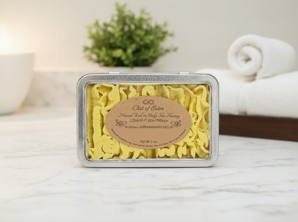 Yellow bath bomb in a silver tin with a label on a white surface.