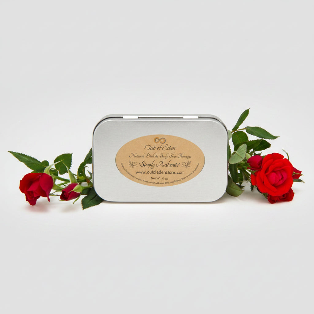 Metallic tin with a label surrounded by red roses on a white background