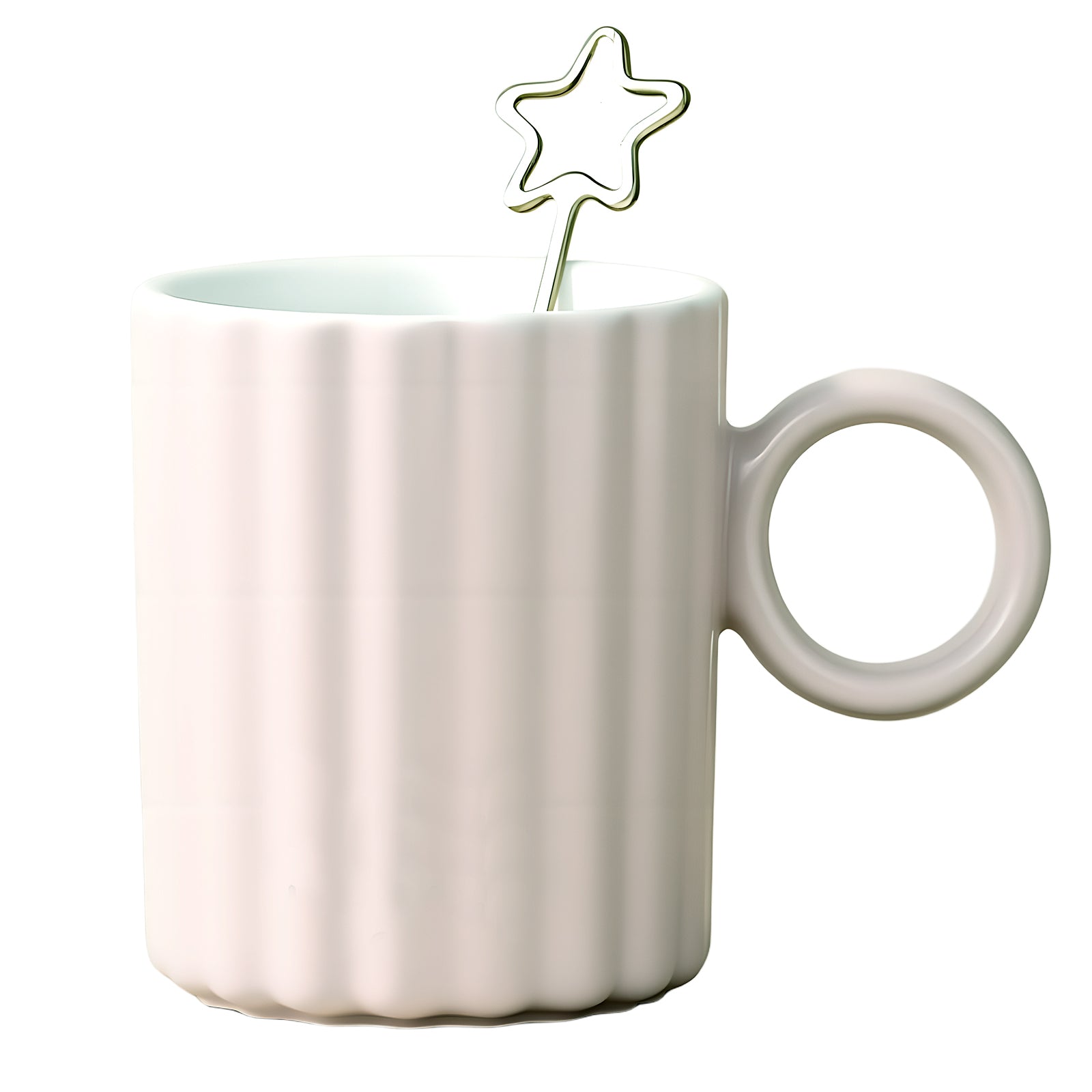 White ceramic mug with a star-shaped clip on a white background