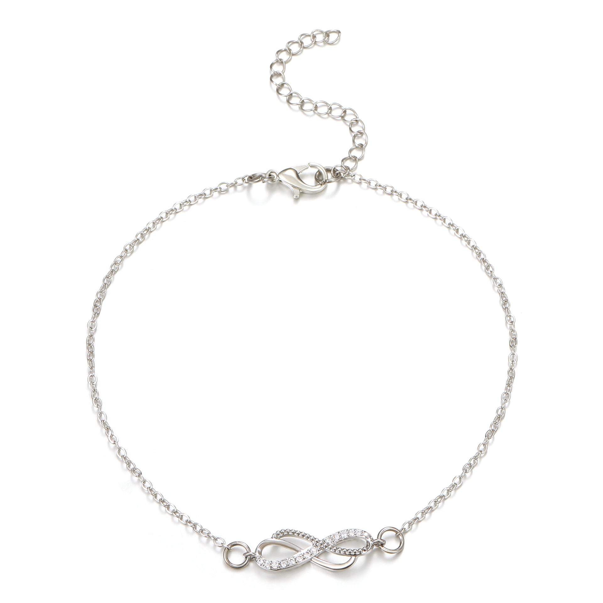 Silver bracelet with a double infinity symbol charm on a white background