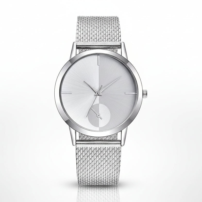 Silver watch with mesh band on a white background
