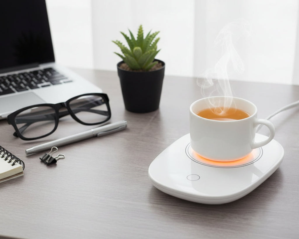 White mug warmer on a desk with a cup of tea, glasses, and a pen.