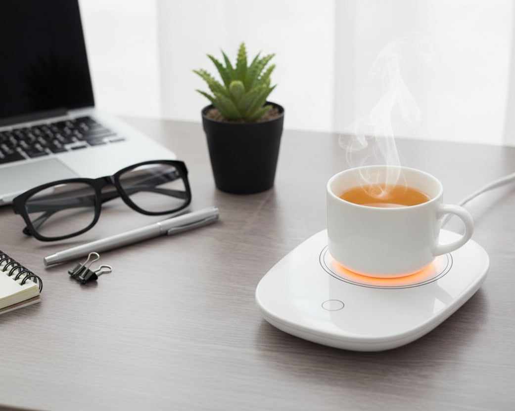 White mug warmer on a desk with a cup of tea, glasses, and a pen.