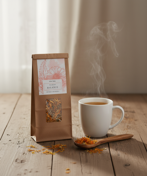 Tea bag with a label, steaming cup of tea, and wooden spoon on a wooden surface.