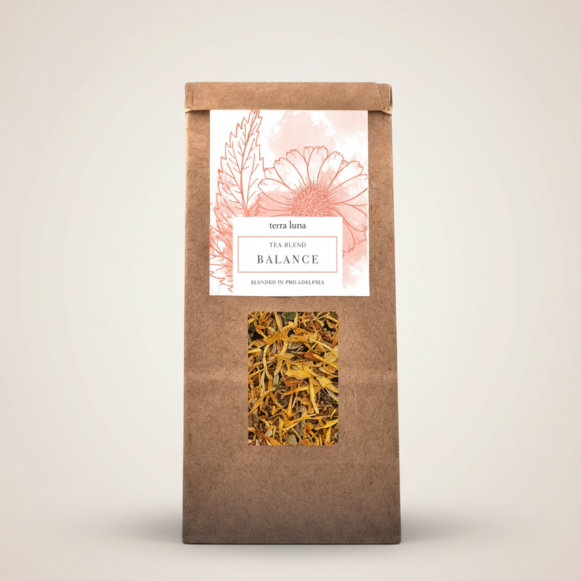 Brown paper bag with a window displaying dried herbs and a label on a beige background