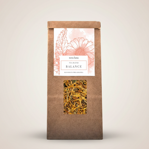 Brown paper bag with a window displaying dried herbs and a label on a beige background