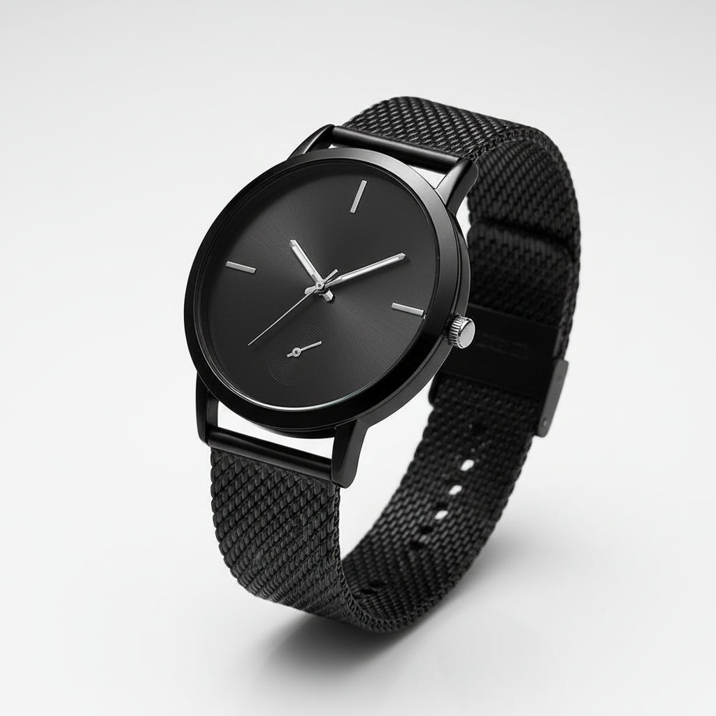 Black wristwatch with mesh band on a white background