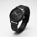 Black wristwatch with mesh band on a white background