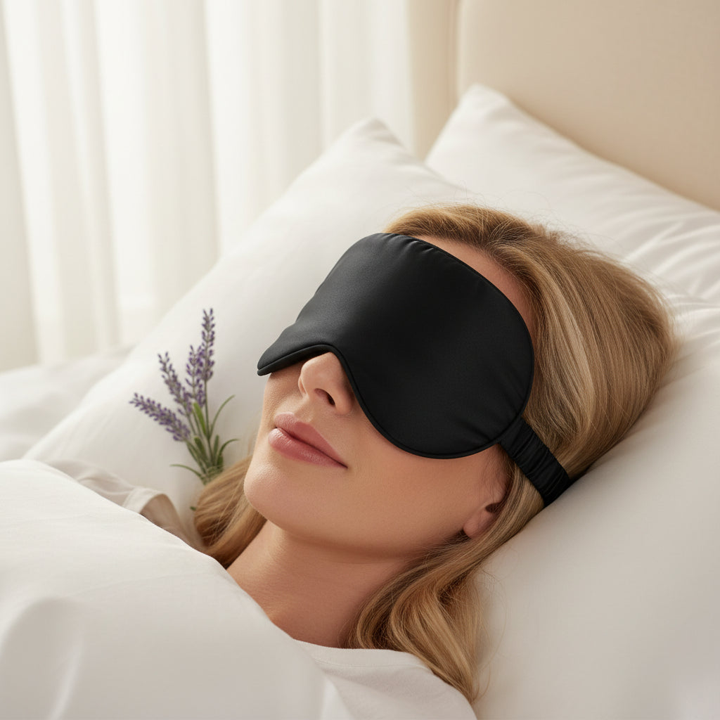 Woman wearing a black sleep mask on a white background