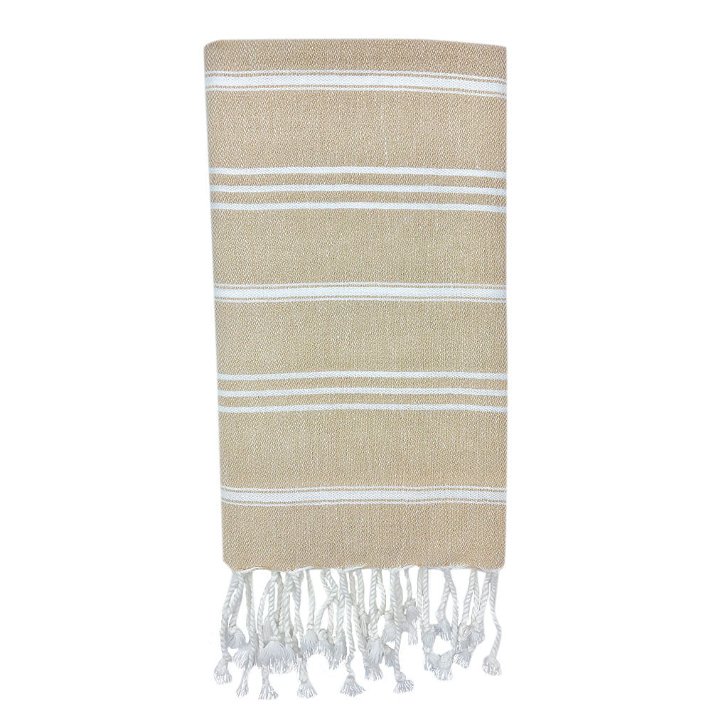 Beige towel with white stripes and fringes on a white background